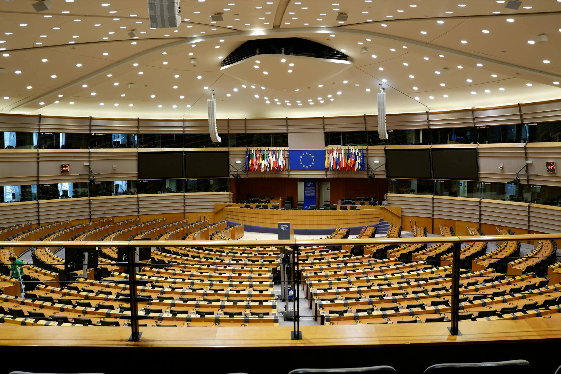 Empty European Parliament auditorium in Brussels where MEPs debate single market reform